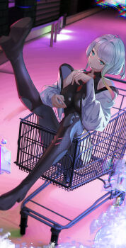 1girl absurdres aqua_eyes bare_shoulders black_leotard breasts commentary cyberpunk:_edgerunners cyberpunk_(series) cyborg heattech_leotard highres in_shopping_cart leotard looking_at_viewer lucy_(cyberpunk) medium_breasts multicolored_hair off-shoulder_jacket off_shoulder sanseki-hahn shopping_cart short_hair solo turtleneck white_hair