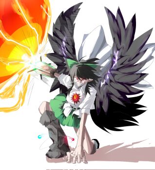 1girl 3rdeye_suki ahoge arm_cannon arms_up asymmetrical_footwear belt bird_wings black_hair black_wings bow cape collared_shirt commentary full_body green_bow green_skirt grin hair_bow highres kneeling long_hair looking_at_viewer mismatched_footwear pointy_ears red_eyes reiuji_utsuho sharp_teeth shirt simple_background skirt smile solo teeth third_eye touhou weapon white_background white_cape white_shirt wings