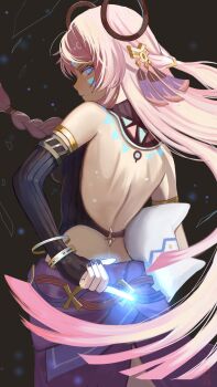 Rule 34 | 1girl, back, backless outfit, black gloves, blue eyes, braid, citlali (genshin impact), closed mouth, commentary request, fingerless gloves, fingernails, floating headgear, from behind, genshin impact, gloves, headgear, highres, long hair, looking at viewer, looking back, nail polish, pink pupils, purple hair, purple nails, solo, ushijiya, very long hair