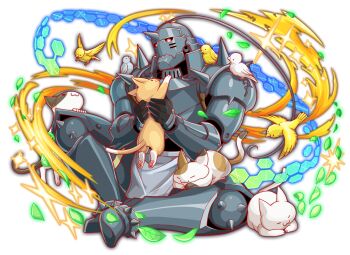 1boy 6+others ahoge alphonse_elric animal animal_on_lap animal_on_leg animal_on_shoulder anime_coloring apron arm_armor armor artist_request bird bird_on_shoulder black_sclera bright_pupils calico_(pattern) calico_cat cat cat_on_lap closed_eyes closed_mouth collar colored_sclera crash_fever fake_horns flying full_armor full_body fullmetal_alchemist game_cg gauntlets gloves green_outline grey_armor grey_collar grey_footwear helmet hexagon holding holding_animal holding_cat honeycomb_(pattern) horned_helmet horns knees_apart_feet_together leaf leg_armor living_armor looking_at_another male_focus multicolored_tail multiple_others no_humans number_print numbered official_art on_lap outline plate_armor print_armor print_collar red_eyes red_outline shoulder_spikes single_horn sitting sleeping sleeping_on_person sparkle spiked_footwear spiked_helmet spikes square square_print tail third-party_source transparent_background v-shaped_eyebrows white_apron white_bird white_cat white_pupils white_tail white_wings wings yellow_bird yellow_tail yellow_wings