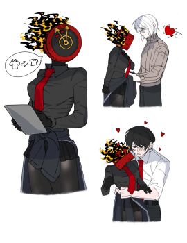 1girl 2boys black_eyes black_hair black_pantyhose black_shirt black_skirt blue_eyes blush clock closed_mouth collared_shirt commentary_request cowboy_shot dante_(limbus_company) faust_(project_moon) fire genderswap genderswap_(ftm) genderswap_(otf) hetero highres korean_commentary leddddde limbus_company microskirt multiple_boys necktie object_head pantyhose project_moon red_necktie shirt short_hair simple_background skirt white_background white_hair yi_sang_(project_moon)