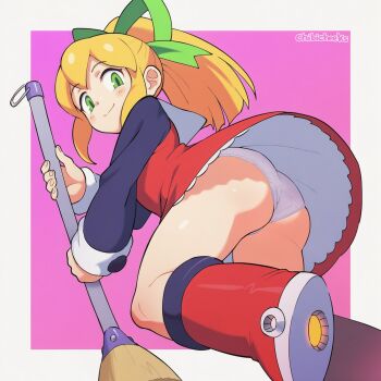 1girl ai-assisted artist_name ass blonde_hair boots broom capcom chibicheeks dress green_eyes green_ribbon loli looking_at_viewer looking_back mega_man_(series) panties pink_background red_boots red_dress ribbon roll_(mega_man) source_request underwear upskirt wedgie white_panties