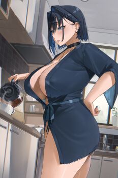 1girl absurdres archinoer black_choker black_hair blue_eyes blue_hair breasts choker cleavage coffee coffee_pot colored_inner_hair commentary english_commentary fanged_bangs hair_intakes hand_on_own_hip highres holding holding_coffee_pot hololive hololive_english huge_breasts indoors jewelry multicolored_hair necklace nightgown ouro_kronii parted_lips short_hair sleepwear solo standing three-quarter_sleeves virtual_youtuber