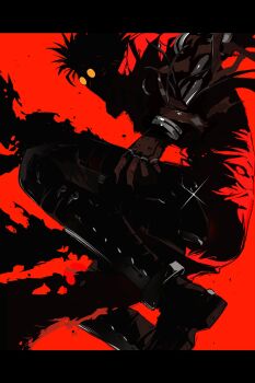 Rule 34 | 1boy, black theme, boots, dark, eridin3038, foot out of frame, gloves, highres, letterboxed, male focus, orange-tinted eyewear, pants, prosthesis, prosthetic arm, red background, red theme, round eyewear, silhouette, solo, tinted eyewear, trigun, vash the stampede
