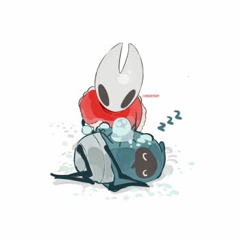 2girls arthropod_girl artist_name ben-day_dots black_eyes blue_cloak chinese_commentary cloak closed_eyes commentary_request film_grain full_body fur-trimmed_cloak fur_trim highres hightguy hollow_knight hollow_knight:_silksong hood hood_up hooded_cloak hornet_(hollow_knight) horns looking_at_another lying multiple_girls on_side own_hands_together pinstress_(hollow_knight) red_cloak screentones simple_background sleeping snow white_background zzz