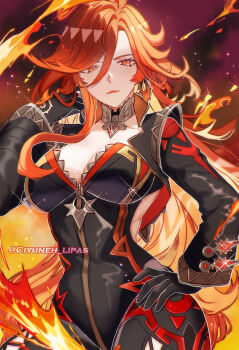 Rule 34 | 1girl, artist name, biker clothes, bikesuit, black bodysuit, bodysuit, breasts, ciyuneh lipas, cleavage, closed mouth, facing viewer, fire, genshin impact, hand on own hip, high heels, highres, large breasts, light smile, looking at viewer, mavuika (genshin impact), multicolored eyes, multicolored hair, orange eyes, orange hair, pink lips, red eyes, red hair, solo, solo focus, thighs