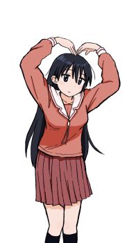 Rule 34 | 1girl, absurdres, azumanga daioh's school uniform, azumanga daiou, black eyes, black hair, breasts, commentary request, heart arms, highres, long hair, long sleeves, looking at viewer, matsum0t00, pink serafuku, pink shirt, pleated skirt, sailor collar, sakaki (azumanga daioh), school uniform, serafuku, shirt, skirt, solo, white background, white sailor collar, winter uniform