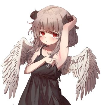 1girl arm_behind_head arm_up armpits black_dress blush demon_girl dress expressionless feathered_wings goat_horns highres horns kosobin looking_at_viewer medium_hair original presenting_armpit red_eyes simple_background sleeveless sleeveless_dress spread_wings strap_slip upper_body white_background white_hair wings