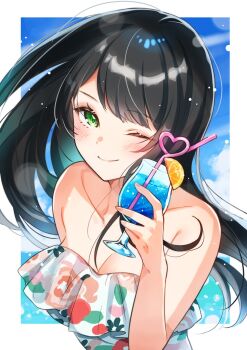1girl ;) bendy_straw black_hair blush border borrowed_character breasts cleavage closed_mouth collarbone commentary_request commission cup day drink drinking_glass drinking_straw food fruit green_eyes highres holding holding_cup large_breasts lemon lemon_slice long_hair looking_at_viewer one-piece_swimsuit one_eye_closed original outdoors outside_border shinishi_chiho skeb_commission smile solo strapless strapless_one-piece_swimsuit swimsuit upper_body white_border white_one-piece_swimsuit