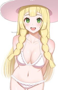 1girl aliasing bra braid breasts green_eyes hat jpeg_artifacts lillie_(pokemon) long_hair medium_breasts nintendo panties pokemon pokemon_sm smile solo sun_hat surippa1010 teeth twin_braids underwear upper_teeth_only white_background