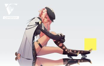 1girl absurdres animal_ear_fluff animal_ears arknights black_footwear black_gloves black_socks bright_pupils newsboy_cap cape closed_mouth from_side full_body gloves gravel_(arknights) gravel_(modeling_night)_(arknights) grey_hat grey_shirt grey_shorts hair_between_eyes hat high_heels highres kneehighs long_hair long_sleeves looking_at_viewer looking_to_the_side orange_eyes pink_hair prairie_dog_ears prairie_dog_tail rongyuanfeida shirt shorts sitting socks solo tail white_cape white_pupils