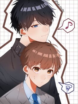 Rule 34 | 2boys, black hair, black sweater, blue eyes, blue necktie, brown eyes, brown hair, chin rest, closed mouth, collared shirt, commentary, grid background, hair over one eye, head on head, head rest, highres, hoshi no shizuku, isshiki totomaru, kamonohashi ron, kamonohashi ron no kindan suiri, lapels, male focus, multiple boys, musical note, necktie, nervous sweating, notched lapels, shirt, short hair, spoken musical note, sweat, sweater, upper body
