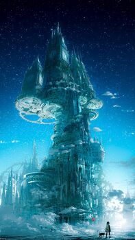 1girl absurdres animal animal_bag backpack bag black_cat black_coat black_hair black_shoes black_thighhighs blue_sky blue_theme building castle cat chooco_(chocoshi) cityscape clock clock_tower cloud coat dawn from_behind gears highres long_sleeves night night_sky original outdoors railing road_sign scenery shoes sign sky standing star_(sky) starry_sky thighhighs tower zettai_ryouiki