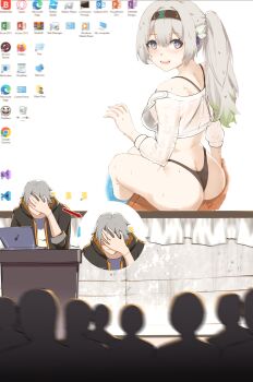 1boy 1girl 6+others absurdres alternate_costume aqua_pupils ass bikini black_hairband butt_crack caelus_(honkai:_star_rail) computer firefly_(honkai:_star_rail) hairband highres honkai:_star_rail honkai_(series) kagurachi meme multicolored_eyes multiple_others presentation_gone_wrong_(meme) swimsuit trailblazer_(honkai:_star_rail) two-tone_eyes