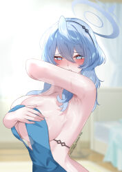 Rule 34 | 1girl, absurdres, ako (blue archive), ako (dress) (blue archive), amai-pai, armpits, bare shoulders, blue archive, blue eyes, blue hair, blue halo, blurry, blurry background, blush, breast hold, breasts, cleavage, clenched teeth, covering breasts, covering privates, furrowed brow, halo, highres, huge breasts, large breasts, long hair, looking at viewer, official alternate costume, partially undressed, patreon username, sideless dress, sideless outfit, sweat, teeth, upper body, wavy hair