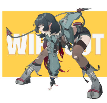 1girl animal_ear_piercing animal_ears black_gloves black_hair black_pantyhose black_shorts black_thighhighs boots cropped_jacket dagger fingerless_gloves fingernails fur-trimmed_jacket fur_trim gloves green_eyes green_jacket grey_boots highres holding holding_dagger holding_knife holding_weapon jacket jane_doe_(zenless_zone_zero) knife legs_apart lemon_tea_(15058751917) long_sleeves looking_ahead mouse_ears mouse_girl mouse_tail nail_polish necktie open_clothes open_jacket pantyhose red_nails sharp_tail short_hair short_shorts shorts single_leg_pantyhose single_thighhigh smile solo superhero_landing tail thighhighs torn_clothes torn_pantyhose torn_thighhighs weapon zenless_zone_zero