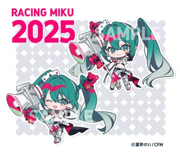 1girl ;d armband artist_name asymmetrical_clothes black_sleeves blue_eyes blush boots character_name chibi chibi_only commentary_request copyright_notice detached_sleeves goodsmile_company goodsmile_racing gradient_hair green_hair hair_between_eyes hair_intakes hatsune_miku holding megaphone multicolored_hair multiple_views navel nokachoco114 official_art one_eye_closed open_mouth outline pink_armband race_queen racing_miku racing_miku_(2025) sample_watermark shorts single_boot single_detached_sleeve smile stuffed_animal stuffed_toy teddy_bear thigh_boots twintails vocaloid watermark white_boots white_outline white_shorts white_sleeves