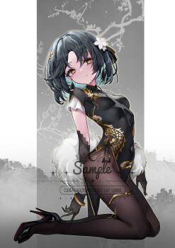 1girl absurdres aqua_hair black_dress black_gloves black_hair black_pantyhose breasts china_dress chinese_clothes closed_mouth colored_inner_hair commentary_request dress elbow_gloves english_text flower full_body gloves hair_flower hair_ornament high_heels highres jewelry kneeling looking_at_viewer multicolored_hair original pantyhose parted_bangs pelvic_curtain short_hair short_sleeves small_breasts solo white_flower yellow_eyes yinber