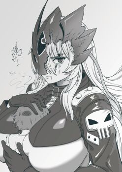 1boy 1girl absurdres age_difference beelstarmon between_breasts black_coat black_gloves black_mask black_pants blonde_hair blue_mask breast_smother breasts broken_mask coat commentary_request cropped_vest derringer digimon digimon_(creature) eye_mask face_to_breasts gloves gun handgun head_between_breasts height_difference hetero highres holding huge_breasts jacket large_breasts leather leather_jacket leather_pants long_hair looking_at_viewer mask mononokeotoko01 navel onee-shota pants shota simple_background size_difference third_eye tight_clothes underboob vest weapon