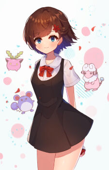 1girl absurdres akatanotaki black_dress blue_eyes bow brown_hair dress flaaffy flower gen_2_pokemon hair_flower hair_ornament highres holding holding_poke_ball hoppip lass_(pokemon) marill nintendo poke_ball pokemon pokemon_(creature) pokemon_hgss red_bow short_sleeves smile standing