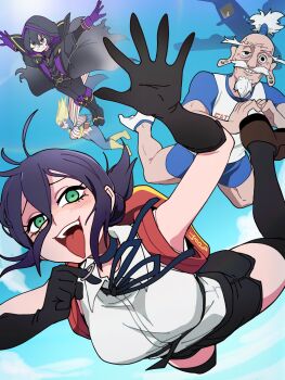 2girls 3boys absurdres american_flag american_flag_print beard black_choker black_coat black_gloves black_hair black_pants black_ribbon blonde_hair blush boku_no_hero_academia bongftah breasts cape chainsaw_man choker cid_kagenou cid_kagenou_(shadow) closed_mouth coat collared_shirt commentary crossover facial_hair falling flag_print gloves green_eyes grenade_pin hair_between_eyes highres hood hood_up hunter_x_hunter isaac_netero jewelry kage_no_jitsuryokusha_ni_naritakute! large_breasts long_hair looking_at_viewer mask multiple_boys multiple_crossover multiple_girls muscular muscular_female mustache neck_ribbon old old_man pants ponytail purple_hair reze_(chainsaw_man) ribbon scene_reference shingeki_no_kyojin shirt short_hair sky sleeveless sleeveless_shirt smile star_and_stripe_(boku_no_hero_academia) striped_bodysuit striped_cape superhero_costume symbol-only_commentary topknot white_hair white_shirt zeke_yeager