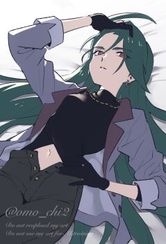 1girl black_gloves black_shirt commentary_request earrings gloves grey_jacket highres jacket jewelry long_hair looking_at_viewer lying midriff navel necklace nintendo official_alternate_costume official_alternate_hairstyle omo_chi2 on_back open_fly pokemon pokemon_masters_ex pokemon_sv red_eyes rika_(palentine's_2026)_(pokemon) rika_(pokemon) shirt solo very_long_hair