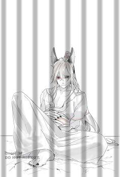 Rule 34 | 1boy, ahoge, animal ears, barefoot, black nails, chinese clothes, closed mouth, collarbone, commentary request, fox boy, fox ears, full body, greyscale, hair between eyes, hand on own stomach, hanfu, highres, kemonomimi mode, knee up, long hair, looking at viewer, male focus, modao zushi, monochrome, nail polish, pants, pectoral cleavage, pectorals, ponytail, prison, red eyes, red sash, robe, sash, shadow, sidelocks, sitting, smile, solo, spot color, toenail polish, toenails, twitter username, very long hair, watermark, wei wuxian, ykmr (haga)
