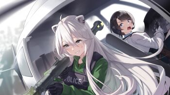 Rule 34 | 2girls, ahoge, aircraft, alternate costume, animal ear fluff, animal ear piercing, animal ears, aqua eyes, black gloves, black hair, black skirt, blue shirt, blurry, blurry background, bulletproof vest, collared shirt, commentary request, cropped jacket, double-parted bangs, gloves, green shirt, grey eyes, grey hair, grin, hair between eyes, helicopter, helicopter interior, highres, holding, holding rocket launcher, holding weapon, hololive, hololive grand theft auto, jacket, lion ears, lion girl, lion tail, long hair, long sidelocks, long sleeves, looking at another, messy hair, multiple girls, oozora subaru, oozora subaru (police), open mouth, police, police uniform, policewoman, rocket launcher, shirt, shishiro botan, short hair, sidelocks, skirt, smile, swept bangs, tail, teeth, tsurupy, upper teeth only, very long hair, virtual youtuber, weapon, white gloves, white jacket