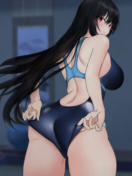 1girl adjusting_clothes adjusting_swimsuit ass back bedroom black_hair blue_one-piece_swimsuit blurry blurry_background blush breasts competition_swimsuit flower_pot fusou_(kancolle) highres indoors kanoson kantai_collection large_breasts long_hair looking_at_viewer night one-piece_swimsuit racerback red_eyes scroll smile swimsuit