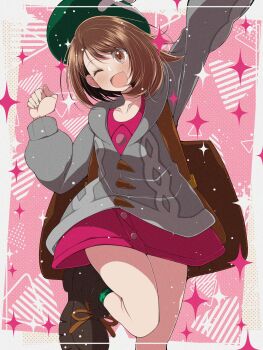 1girl bob_cut boots brown_bag brown_boots brown_eyes brown_hair buttons cable_knit cardigan clenched_hand dress fujiwara_hiro_(kaede_ciao) gloria_(pokemon) green_socks grey_cardigan happy hat highres hood hooded_cardigan nintendo one_eye_closed open_mouth pink_dress pokemon pokemon_swsh short_hair socks solo tam_o&#039;_shanter