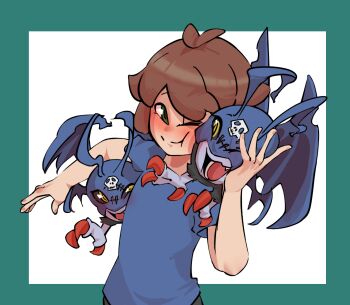 Rule 34 | 1boy, absurdres, bat (animal), blush, brown hair, digimon, digimon (creature), eye mask, highres, holding, leather suit, mask, nose blush, picodevimon, popopcorn, short hair, simple background, skull print, smile, teeth, torn wings, wings, yellow eyes