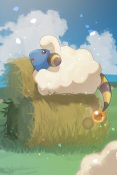 absurdres blue_sky cloud gen_2_pokemon grass hay_bale highres mareep nintendo no_humans nullma open_mouth outdoors pokemon pokemon_(creature) sheep sitting sky solo