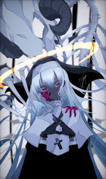 1girl bone colored_extremities colored_skin expressionless fossil goma_irasuto grey_skin halo highres horns long_hair looking_at_viewer multiple_hands nun original red_eyes red_hands signature very_long_hair white_hair white_theme