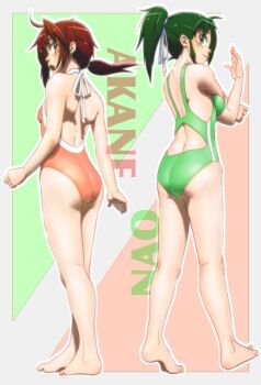 10s 2girls barefoot blush character_name ei from_behind full_body green_hair hair_ornament hino_akane_(smile_precure!) midorikawa_nao multiple_girls one-piece_swimsuit ponytail precure red_eyes red_hair short_hair smile smile_precure! stretching swimsuit