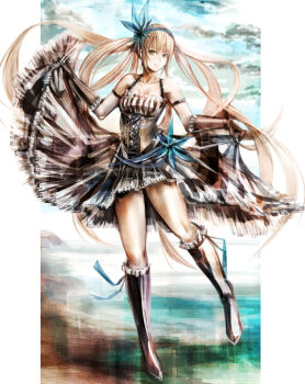 1girl bare_shoulders black_boots black_dress black_gloves blonde_hair blue_hairband boots breasts cloud cloudy_sky collarbone commentary_request corset cross-laced_clothes cross-laced_corset dress floating_hair frilled_boots frilled_dress frilled_gloves frills full_body gloves green_eyes hairband long_hair original outdoors outside_border pillarboxed shore sidelocks skirt_hold sky small_breasts smile solo standing standing_on_one_leg sushi_(sashimise) twintails very_long_hair