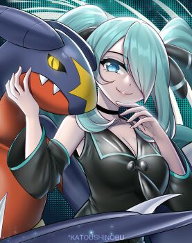1girl 1other absurdres black_choker black_shirt breasts champion_(vocaloid) choker cleavage closed_mouth collarbone cosplay cynthia_(pokemon) cynthia_(pokemon)_(cosplay) detached_sleeves dragon garchomp gen_4_pokemon hair_ornament hair_over_one_eye hand_on_another&#039;s_chin hatsune_miku highres katou_shinobu long_sleeves medium_breasts nintendo pokemon pokemon_(creature) project_voltage sharp_teeth shirt sleeveless sleeveless_shirt smile teeth twintails vocaloid wide_sleeves yellow_eyes