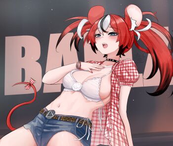 1girl absurdres animal_ears bikini black_hair blue_eyes blue_shorts blush breasts character_name commentary cosplay denim denim_shorts english_commentary grey_background hakos_baelz highres hololive hololive_english kwon_eun-bi kwon_eun-bi_(cosplay) large_breasts long_hair mouse_ears mouse_girl multicolored_hair open_clothes open_shirt real_life red_hair red_shirt red_tail shirt shorts simple_background solo soup_(soupysoull) swimsuit tail twintails virtual_youtuber white_bikini white_hair