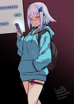 1girl artist_name backpack bag batta_16-sei blue_hair blue_jacket blush cellphone commentary_request grey_hair hand_in_pocket highres holding holding_phone hood hooded_jacket jacket lize_helesta looking_at_phone multicolored_hair nijisanji phone pink_eyes pink_hair sex_toy solo standing translation_request trembling vibrator vibrator_under_clothes virtual_youtuber