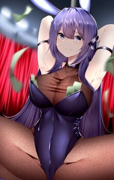 1girl absurdly_long_hair absurdres animal_ears armband armpit_peek arms_behind_head azur_lane bare_shoulders black_pantyhose blue_eyes blue_hair blue_leotard blurry blurry_background blush breasts brown_pantyhose cleavage curtains fake_animal_ears gradient_legwear hair_between_eyes hair_ornament highres huge_filesize large_breasts leotard long_hair looking_at_viewer money multicolored_hair new_jersey_(azur_lane) new_jersey_(exhilarating_steps!)_(azur_lane) official_alternate_costume pantyhose parted_lips playboy_bunny pole purple_hair rabbit_ears samip see-through_clothes see-through_cleavage smile solo spread_legs squatting strapless strapless_leotard streaked_hair stripper_pole taut_clothes thighs tucked_money two-tone_hair very_long_hair