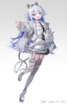 belt black_bow black_necktie blue_eyes blue_hair bow camisole commentary_request detached_collar doll gradient_background grey_background grey_camisole grey_eyes grey_jacket grey_shoes grey_skirt grey_thighhighs hair_bow hair_ornament heterochromia highres holding holding_doll indie_virtual_youtuber jacket jewelry layered_skirt long_hair long_sleeves multiple_rings necktie onodera_nire open_clothes open_jacket open_mouth ring shoes simple_background skirt thighhighs white_background