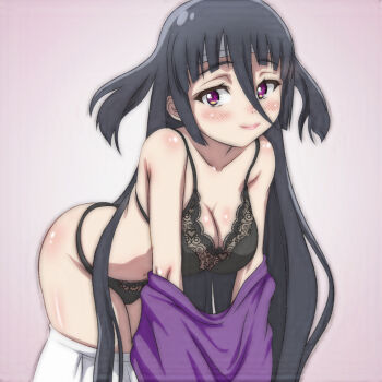 1girl black_bra black_hair black_panties blush bra breasts cleavage clothes_pull collarbone gradient_background headband heart heart_print lace lace-trimmed_bra lace_trim large_breasts leaning_forward long_hair looking_at_viewer navel panties pink_background print_bra purple_eyes purple_shirt removing_shirt shirt skirt skirt_pull smile standing t_jiroo_(ringofriend) twintails underwear undressing white_skirt yamada_tae zombie_land_saga