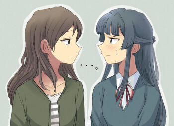 ... 2girls black_hair blush brown_hair closed_mouth expressionless eye_contact face-to-face idolmaster idolmaster_million_live! kitazawa_shiho long_hair looking_at_another mogami_shizuka multiple_girls outline sweatdrop sweater tsubobot white_outline