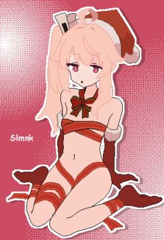 1girl :o ahoge blue_archive breasts christmas elbow_gloves full_body fur-trimmed_gloves fur-trimmed_headwear fur_trim gloves halo hashtag-only_commentary hat highres long_hair looking_at_viewer naked_ribbon natsu_(blue_archive) navel open_mouth outline petite pink_background pink_hair pink_halo pixel_art red_eyes red_gloves red_hat red_ribbon red_socks ribbon santa_hat side_ponytail sitting slmnk10124 small_breasts socks solo white_outline yokozuwari