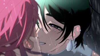 2girls alien_stage alternate_universe black_hair commentary derivative_work earrings english_commentary hand_on_another&#039;s_face highres jewelry kusunokiii mizi_(alien_stage) multiple_girls pink_hair purple_eyes rain screenshot_redraw short_hair smile sua_(alien_stage) yuri