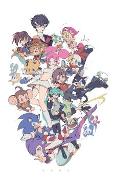 1other 3girls 5boys aiai_(super_monkey_ball) alex_kidd alex_kidd_(character) amamiya_ren amigo annotation_request atlus beat_(jsr) black_footwear black_hair black_jacket black_skirt blue_hair blue_necktie boots brown_hair cat character_request company_connection copyright_request crossover detached_sleeves eternal_arcadia fangs fantasy_zone furry furry_male grey_shirt hatsune_miku highres jacket jet_set_radio kukakooo looking_at_viewer making-of_available mask monkey morgana_(persona_5) multiple_boys multiple_crossover multiple_girls necktie nights_(character) nights_into_dreams one_eye_closed opa-opa partially_annotated persona persona_5 pink_hair pink_headwear pointy_ears project_diva_(series) puyo_(puyopuyo) puyopuyo ristar ristar_the_shooting_star samba_de_amigo sega shirt skirt sleeveless sleeveless_shirt sonic_(series) space_channel_5 spacecraft super_monkey_ball thigh_boots twintails ulala upside-down vocaloid vyse white_shirt y2k_fashion