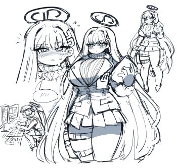 1girl bag_of_chips blue_archive blush breasts buttons chair computer computer_keyboard emerald_kitty flying_sweatdrops formal_clothes greyscale hair_ornament halo highres holding huge_breasts long_hair monitor monochrome multiple_views paper pocket rio_(blue_archive) sitting sketch skirt speech_bubble spoken_blush suit sweat thick_thighs thighs typing