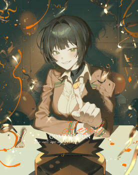 Rule 34 | 1girl, black hair, blush, brown jacket, cake, collared shirt, commentary, confetti, food, fork, green eyes, grin, happy birthday, hetero, highres, jacket, long sleeves, looking at viewer, oc x canon, original, pointing, q (llll4414 j), shadow, shirt, short hair, smile, solo, upper body, white shirt