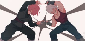 2boys baby_(dragon_ball) black_pants black_shirt boots brown_tank_top commentary dragon_ball dragon_ball_gt dragon_ball_super earrings fusion_dance goku_black grey_boots grey_hair grey_tunic highres in-franchise_crossover jewelry male_focus multiple_boys muscular muscular_male pants parted_lips pink_hair potara_earrings red_eyes red_sash roku_(roku_0141) sash shirt short_hair single_earring spiked_hair super_saiyan super_saiyan_rose symbol-only_commentary tank_top tunic white_boots