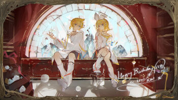 1boy 1girl black_shorts blonde_hair blue_eyes brother_and_sister character_name closed_mouth double-parted_bangs full_body hair_between_eyes hair_ribbon happy_birthday highres hood hood_down hoodie kagamine_len kagamine_rin legwear_garter long_sleeves looking_at_viewer parted_bangs ribbon shirt shoes short_hair shorts siblings sitting socks twins vocaloid white_hoodie white_ribbon white_shirt white_shoes white_socks zeriko