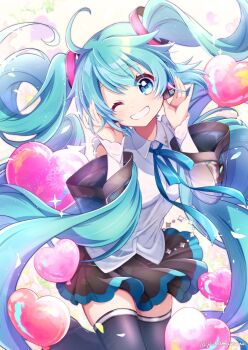 1girl ahoge aqua_eyes aqua_hair black_skirt blue_ribbon blue_trim breasts collared_shirt commentary_request hair_between_eyes hair_ornament hatsune_miku hatsune_miku_(nt) headset heart highres long_hair long_sleeves medium_breasts miku_day miniskirt pina710 ribbon see-through_clothes see-through_sleeves shirt skirt smile solo thick_thighs thighhighs thighs twintails twitter_username very_long_hair vocaloid white_shirt white_sleeves wide_sleeves zettai_ryouiki